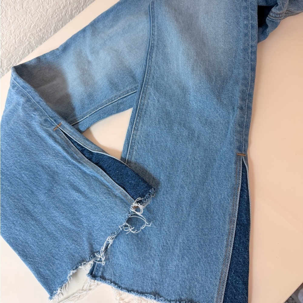 American Eagle Outfitters Light Blue Stretch Bootcut Jeans | Distressed Raw Hem - Picture 7 of 10